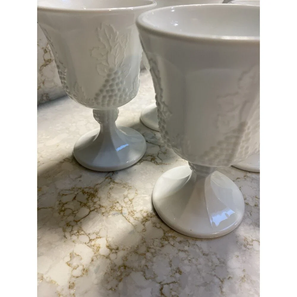 Set of 4 White Milk Glass Grape Pattern Pedestal Goblets 10 oz Vintage Drinkware
